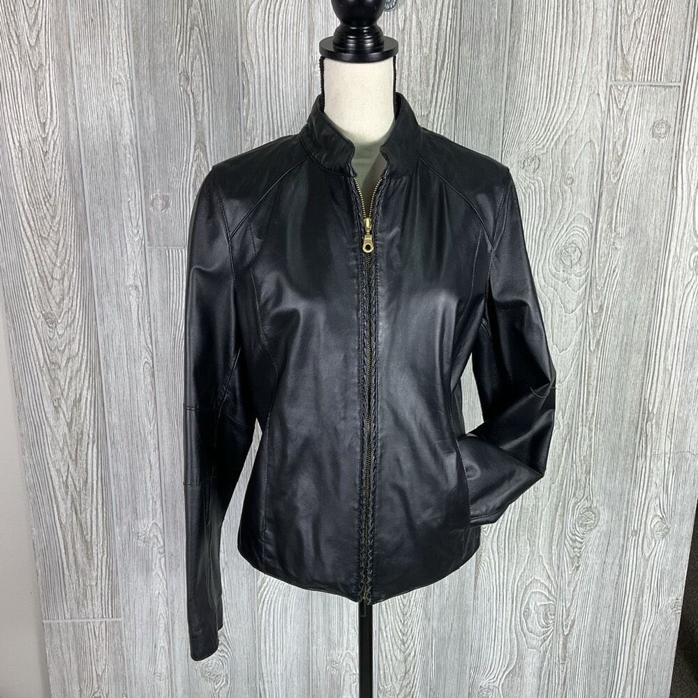 Wilsons Leather Jacket Womens Large Black Genuine Leather Floral Lining Braided